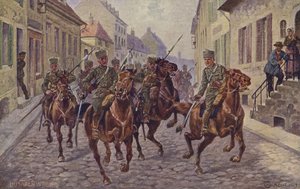 Reims şehrinin Alman süvarileri tarafından geçici olarak ele geçirilmesi, I. Dünya Savaşı, 9 Eylül 1914 (renkli lito) by German School