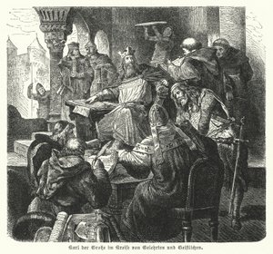 Bilginler ve din adamları tarafından çevrili İmparator Charlemagne (gravür) by German School