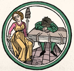 Dört Mizaç: Melankolik (üzgün ve depresif) Xylography, Augsburg 1480 by German School