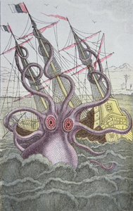 Kraken bir gemiyi aşağı çekiyor (renkli gravür) by German School