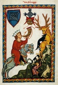 Av zevkleri: Hohenstaufen Kralı Radin, II. Conrad adıyla Sicilya (İtalya) ve Kudüs (İsrail) Kralı, III. Conrad adıyla Swabia Dükü ve V. Conrad adıyla Romalıların Kralı (1252) -1268) geyik avlar. aydınlatıcı by German School