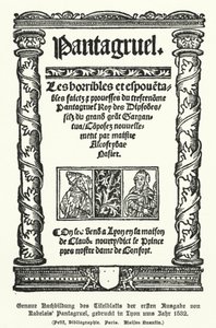 Pantagruel'in Fransız yazar Francois Rabelais tarafından 1532'de Lyon'da basılan ilk baskısının başlık sayfası (litho) by German School