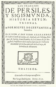 İspanyol romancı Miguel de Cervantes'in Los trabajos de Persiles y Sigismunda'nın (Persiles ve Sigismunda'nın Eserleri) ilk baskısının başlık sayfası by German School