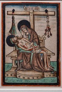 Vesperbild (Ağlama), Alman oymacı tarafından suluboya gravür, c.1450. İsa