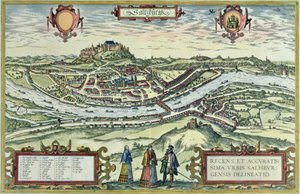 Arka planda Hohensalzburg kalesi ile Salzach nehrinin kıyısındaki Salzburg şehrinin görünümü, 