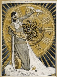 08/01/1900 tarihli “Jugend”de, bolluk boynuzu tutan ve bir saatin ellerini ilerleten şeritli kadın (Talih Alegorisi) by German School