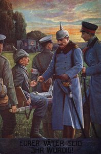 Babalarınıza layıksınız: Kayzer Wilhelm II yaralı bir Alman askerine Demir Haç verirken (renkli taş baskı) by German School