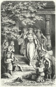 Eostre (Ostara) festivalini kutlamak için çelenk takan genç Alman kadınlar (gravür) by German School