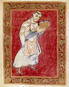 Keşiş Ruodprecht, el yazmasını Reichenau okulu tarafından Egbert de Treves (977-993) Minyatür Egbert Kodeksi (Codex Egberti) kemerine götürür. Cividale del Friuli, Museo Archeologico veya Cathedrale de Cividale by German School