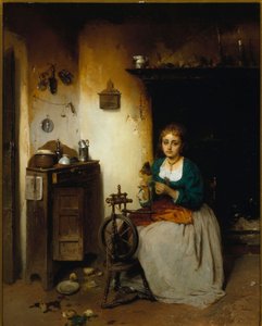 Yün ören genç kadın, ifadesi üzgün ve içi perişan. Gerolamo (Girolamo) Induno (1825-1890) tarafından yapılan boyama Dim. 65x52 cm Genes Nervi, Galleria d