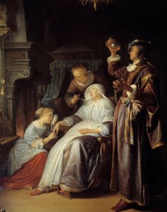Hidropik kadın. Doktor, damlası olan bir kadının idrarını inceler. Detay. Gerard Dou