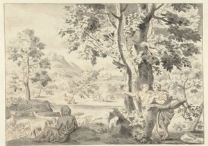 Bir çoban, bir erkek ve bir kadın ile ormanlık manzara by Gerrit Grasdorp (possibly)