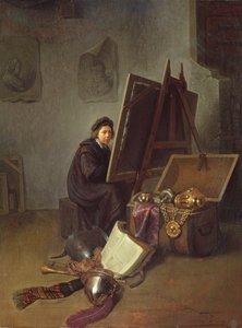 Sanatçının Stüdyosunda Şövalesinin Başındaki Portresi by Gerrit Dou