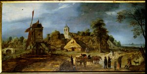 Değirmen ile bir köy sokak Hollanda kırsal manzara. Gerrit Van Honthorst