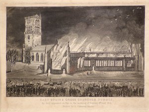 Doğu, Güney ve Haç Kiliseleri, Dundee, 3 Ocak 1841 Pazar günü Ateşte göründükleri gibi, c.1841 (gravür)