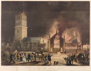 Doğu, Güney ve Haç Kiliseleri, Dundee, 3 Ocak 1841 Pazar günü Ateşte göründükleri gibi, 1841 dolayları (litografi)