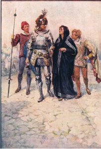 Prens Arthur, Belge ve oğullarını kaleye götürür, George Harrap and Company tarafından yayınlanan Stories from the Faerie Queen by Gertrude E. Demain (after) Hammond