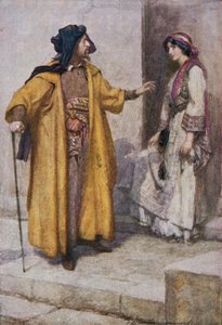 Shylock ona anahtarlarını verdi ve evi korumasını teklif etti, 1910 dolaylarında yayınlanan 'Shakespeare'den Hikayeler: Thomas Carter'ın Yeniden Anlattığı'ndaki 'The Merchant of Venedik'ten bir örnek (renkli lito)