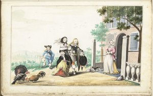 Çift bir kır evinin kapısında bir bayanı selamlıyor. by Gesina ter Borch (signed by artist)