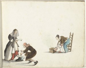 Lord bir bayanın ayakkabısını sıkar ve bir kadın sobayı ateşe verir by Gesina ter Borch
