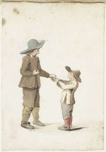 Oğlan daha genç bir çocuğa elma verir. by Gesina ter Borch