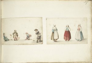 Dört çocuk işlerini yapıyor ve üç kadın ayakta by Gesina ter Borch