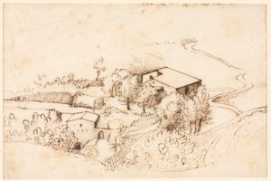 Tepelik Bir Peyzajda Ağaçlı Çiftlik (verso) by Gherardo Cibo
