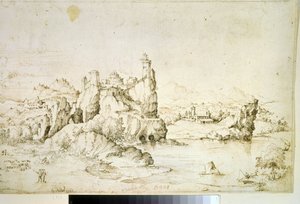 ""Un chateau perche sur une montagne"" (Dağ Manzarasında Kaya Üzerinde Bir Kale) Gherardo Cibo (1512-1600) tarafından kahverengi mürekkeple çizim 1540 Puşkin Müzesi, Moskova