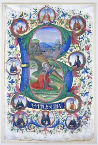 Kral David dua ederken çok büyük bir ilk "B" içinde, her biri bir azizin portresini içeren on büyük yuvarlakla çevrili, c.1500 by Gherardo di Giovanni del Fora