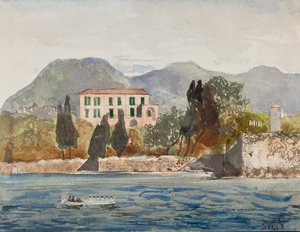Prens Gaetano Maria Federico di Borbone (1846-1871) (kalem, wc ve guaj) tarafından eklemeler ile, Borbone bayrağı ile kürek mavna Napoliten kıyısında büyük bir eve yaklaşıyor by Giacinto Gigante