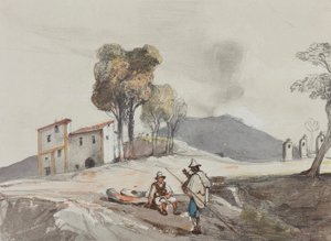 Uzakta Vezüv ile çobanlar, Borbone göz bebeği (kalem, wc ve kağıt üzerinde guaj) ile eklemeler by Giacinto Gigante