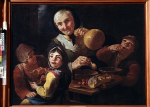 "Köylü Yemeği" (Köylü Yemeği) Çorba, kiraz ve ekmekle kahvaltı yapan yaşlı bir köylü kadın ve üç çocuk. Giacomo Francesco Cipper (1664-1736) tarafından yapılan boyama 18. yüzyıl Ivan Kramskoy (veya Kramskoi) Voronej