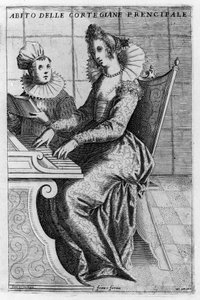 Piyano çalan zarif elbiseli bir fahişe. Giacomo Franco (1550-1620) tarafından “Venedik, kullanımlar ve gelenekler”den gravür, 1597 dolaylarında.