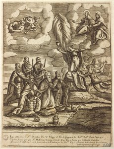 Papa Pius V, İspanya Philip ve Venedik Doge Alvise Mocenigo tarafından şart koşulan 1571 Azizler Ligi Alegorisi, Giacomo Franco (1556-1620) tarafından gravür