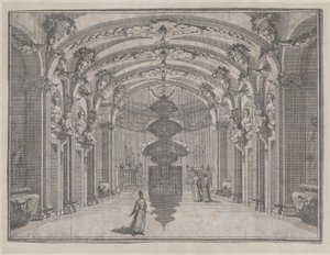 Tonozlu tavanı ve merkezi bir heykeli olan büyük bir salonda tiyatro sahnesi, ..., yakl. 1687-1717. by Giacomo Maria Giovannini