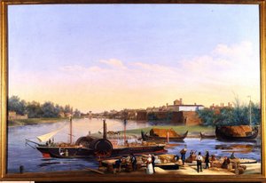 Po üzerinde Pavia (Pavia) limanının görünümü ve Principessa Clementina vapuru””””” Giacomo Trecourt (1812-1882) tarafından resim 19. yüzyıl