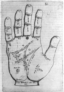 Chiromancy ve kehanet tahmini: kişiliğin yorumlanmasına izin veren elin farklı çizgilerinin temsili. Giambattista della Porta (1537? -1615) 1589
