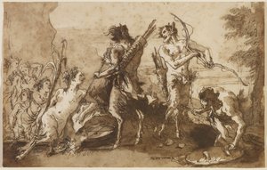 Bir Manzarada Satirler ve Satirler, c.1770 (döşemiş kağıt üzerinde kahverengi ve gri yıkamalar ile kalem ve demir safra mürekkebi) by Giovanni Domenico Tiepolo