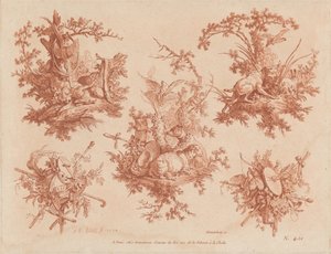Av, Aşk ve Delilik Temalı Beş Kupa by Gilles Demarteau, the Elder, and Jean Baptiste Hüet