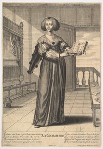 Dilbilgisi: süslü bir iç mekanda duran, solunda açık bir kitap tutan genç bir kadın..., 1633-35.