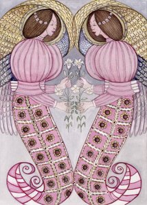Kaplan zambakları tutan iki melek, 1995 (wc) by Gillian Lawson