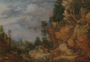 Geyik ve Keçi ile Kayalık Manzara by Gillis Claesz de Hondecoeter