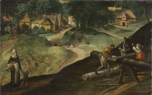 Ahşap Kesen Adamlarla Manzara - Kereste Kesen Adamlarla Manzara, Mostaert, Gillis (1534-1598). ahşap üzerine yağ