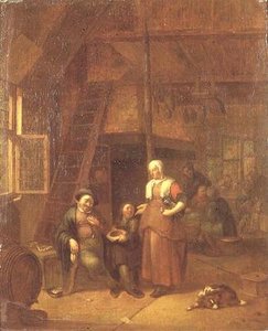 Hizmetçi bir kadına ödeme yapan bir adamla bir hanın içi by Gillis de Winter