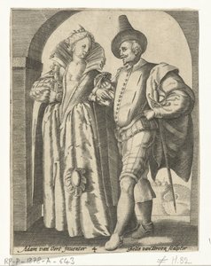 1590-1600 modasına göre giyinmiş kadın ve erkek