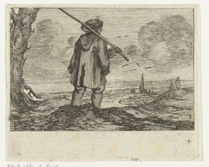 Omzunda bir asa olan bir adamla kumul manzarası Jan Percelles tarafından yapılan Verscheyden Plajları ve su manzaraları (seri başlığı) by Gillis van Scheyndel (I)
