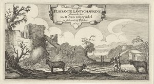 Rakamlarla on iki manzaranın başlık baskısı Eenighe Playsante Lantschapkens (nesne üzerinde başlık) Figürlü on iki manzara (dizi başlığı) by Gillis van Scheyndel (I)