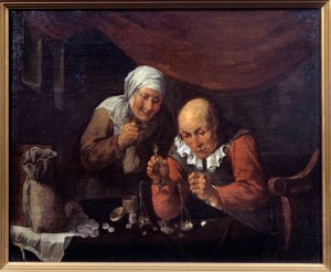 Açgözlü yaşlı çift, eşyalarını tartıyor. Gillis Van Tilborgh (veya Tilborch) tarafından yapılan boyama