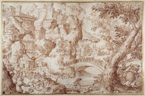Nehirleri, bir şehri ve gezginleri kapsayan köprüleri olan muhteşem dağlık manzara (kahverengi cilalı kalem ve kahverengi mürekkep) by Gillis van Valckenborch