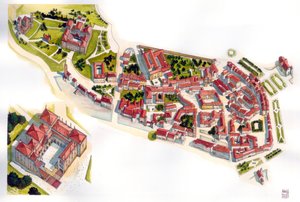 Guimaraes şehrinin Aerian görünümü: solda 11. yüzyılda inşa edilen kale ve manastır. Portekiz. İllüstrasyon Giorgio Albertini tarafından yapılmıştır. (Bu yazarın eserlerinin kullanımı, üçüncü bir tarafın izin başvurusuna veya üçüncü bir tarafın iznine tabi by Giorgio Albertini
